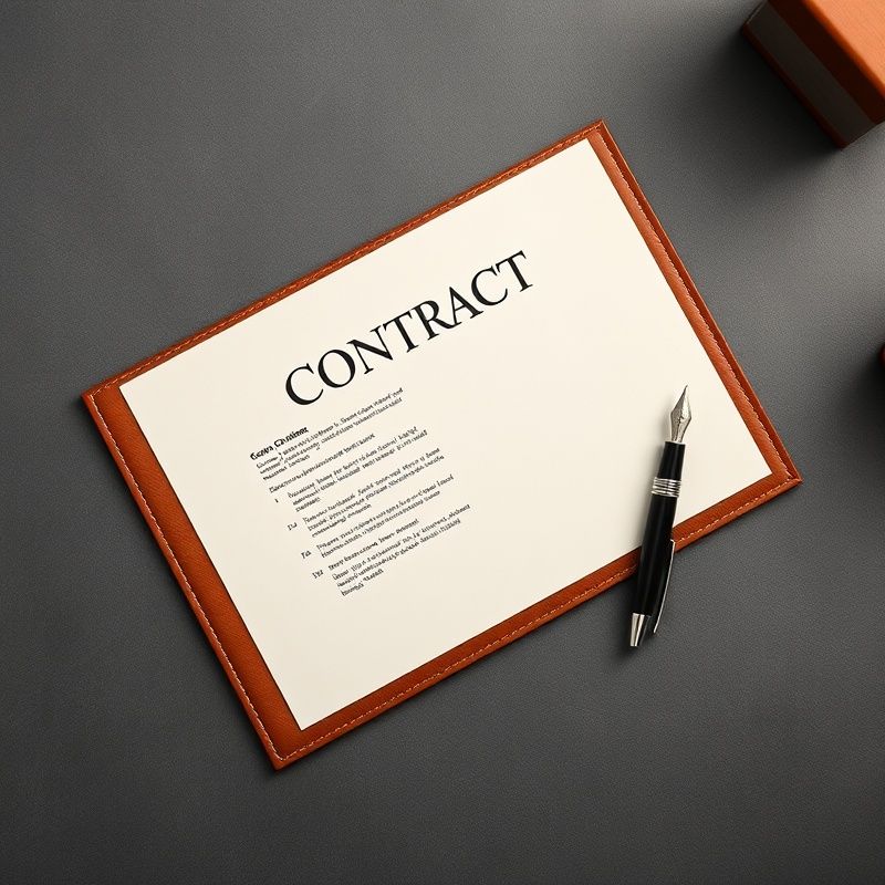 Contract legat în piele și stilou pe un birou gri-ardezie, vedere de sus